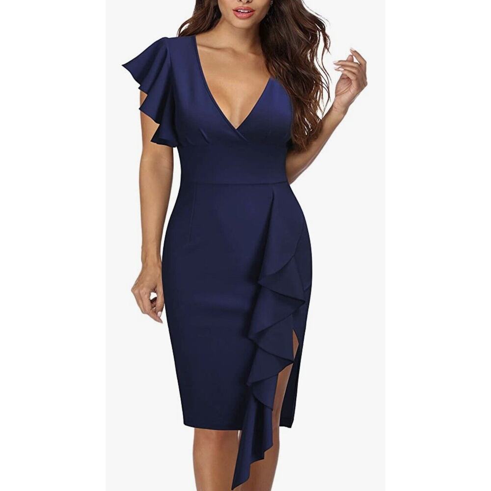 Knitee Women's Deep-V Neck Ruffle Sleeves Cocktail Party Slit Formal Sz. L NWT